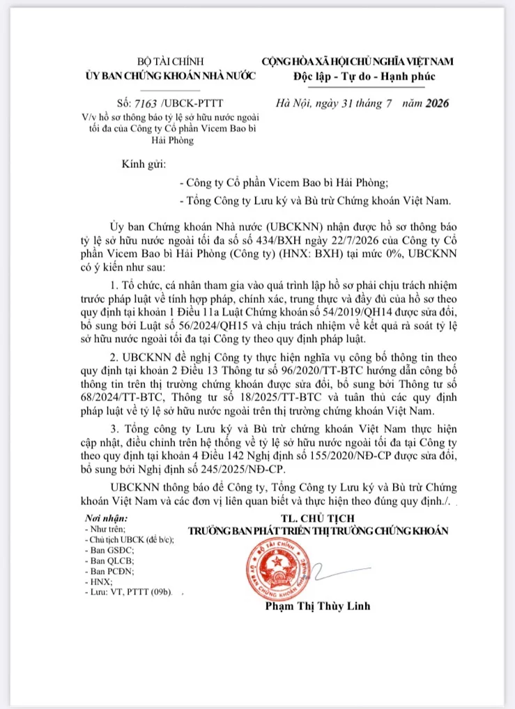 Thông báo của UB chứng khoán nhà nước V/v thông báo tỷ lệ sở hữu nước ngoài tối đa của Công ty Cổ phần Vicem Bao bì Hải Phòng